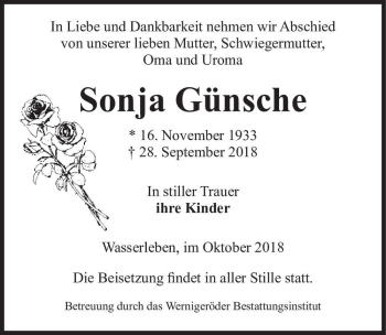 Traueranzeige von Sonja Günsche  von Magdeburger Volksstimme