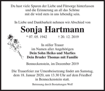 Traueranzeige von Sonja Hartmann  von Magdeburger Volksstimme