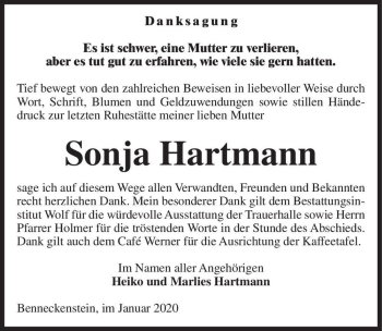 Traueranzeige von Sonja Hartmann  von Magdeburger Volksstimme