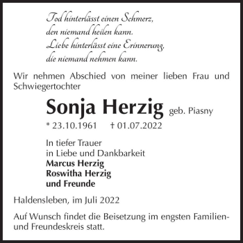 Traueranzeige von Sonja Herzig (geb. Piasny)  von Magdeburger Volksstimme