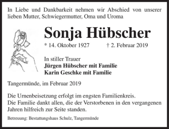 Traueranzeige von Sonja Hübscher  von Magdeburger Volksstimme