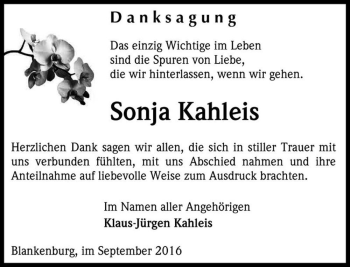 Traueranzeige von Sonja Kahleis  von Magdeburger Volksstimme