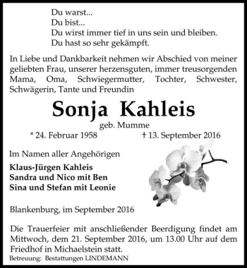 Traueranzeige von Sonja Kahleis (geb. Mumme)  von Magdeburger Volksstimme