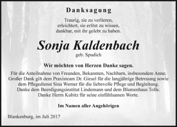 Traueranzeige von Sonja Kaldenbach (geb. Spudich)  von Magdeburger Volksstimme