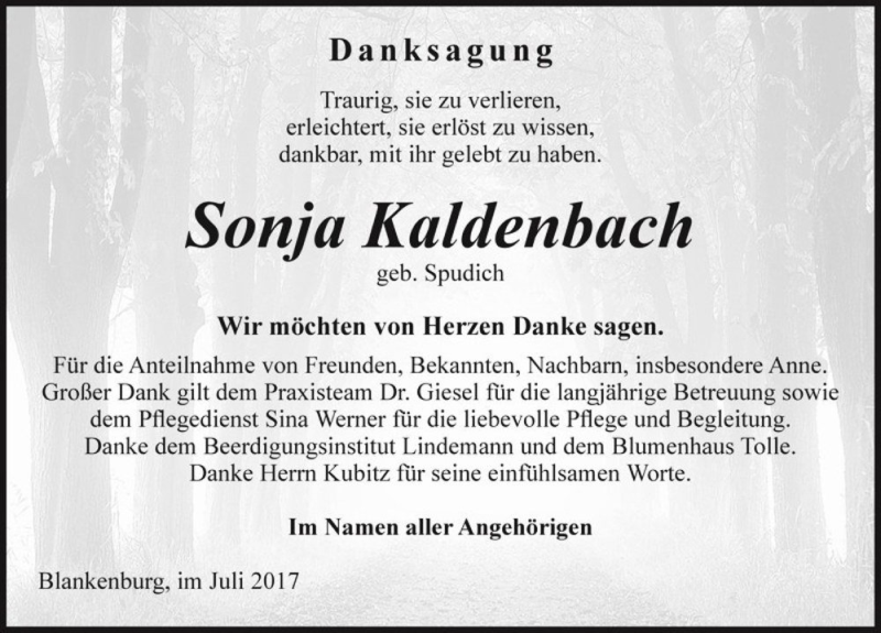  Traueranzeige für Sonja Kaldenbach (geb. Spudich)  vom 29.07.2017 aus Magdeburger Volksstimme