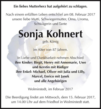 Traueranzeige von Sonja Kohnert (geb. König)  von Magdeburger Volksstimme