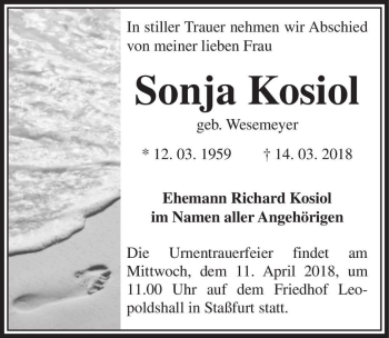 Traueranzeige von Sonja Kosiol (geb. Wesemeyer)  von Magdeburger Volksstimme