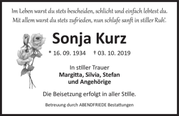 Traueranzeige von Sonja Kurz  von Magdeburger Volksstimme