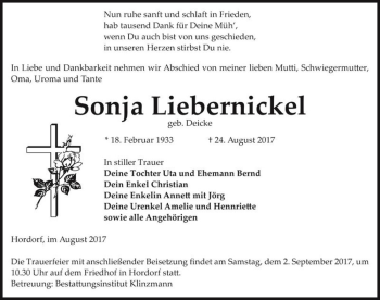 Traueranzeige von Sonja Liebernickel (geb. Deicke)  von Magdeburger Volksstimme