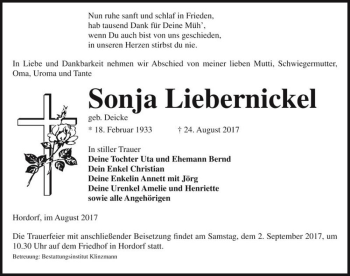 Traueranzeige von Sonja Liebernickel (geb. Deicke)  von Magdeburger Volksstimme