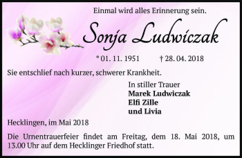 Traueranzeige von Sonja Ludwiczak  von Magdeburger Volksstimme