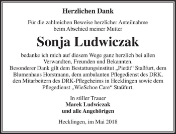 Traueranzeige von Sonja Ludwiczak  von Magdeburger Volksstimme