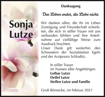 Traueranzeige von Sonja Lutze  von Magdeburger Volksstimme