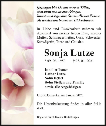 Traueranzeige von Sonja Lutze  von Magdeburger Volksstimme