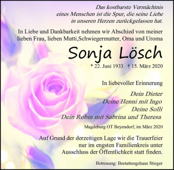 Traueranzeige von Sonja Lösch  von Magdeburger Volksstimme