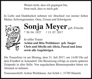Traueranzeige von Sonja Meyer (geb. Fritsche)  von Magdeburger Volksstimme