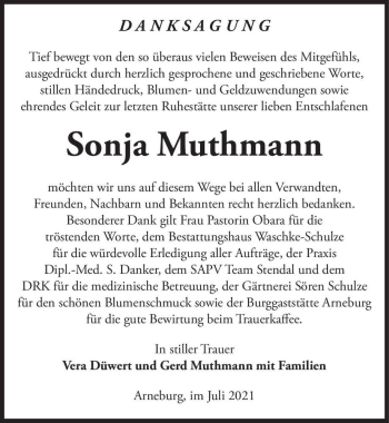 Traueranzeige von Sonja Muthmann  von Magdeburger Volksstimme