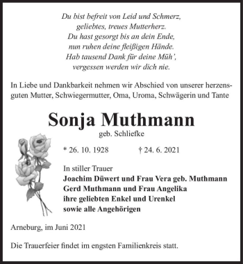 Traueranzeige von Sonja Muthmann (geb. Schliefke)  von Magdeburger Volksstimme
