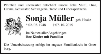 Traueranzeige von Sonja Müller (geb. Haake)  von Magdeburger Volksstimme