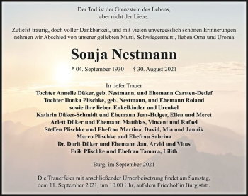 Traueranzeige von Sonja Nestmann  von Magdeburger Volksstimme