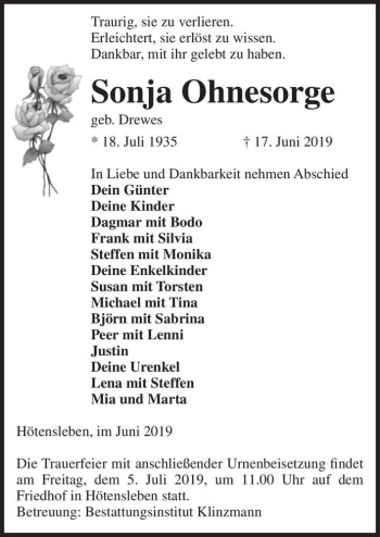 Traueranzeige von Sonja Ohnesorge (geb. Drewes)  von Magdeburger Volksstimme