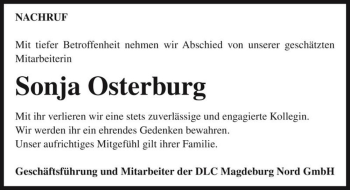 Traueranzeige von Sonja Osterburg  von Magdeburger Volksstimme