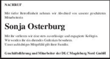 Traueranzeige von Sonja Osterburg  von Magdeburger Volksstimme