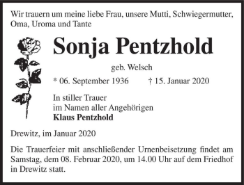 Traueranzeige von Sonja Pentzhold (geb. Welsch)  von Magdeburger Volksstimme