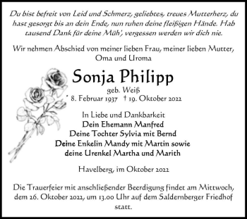 Traueranzeige von Sonja Philipp (geb. Weiß)  von Magdeburger Volksstimme