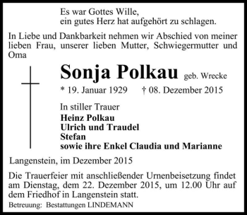 Traueranzeige von Sonja Polkau  von Magdeburger Volksstimme