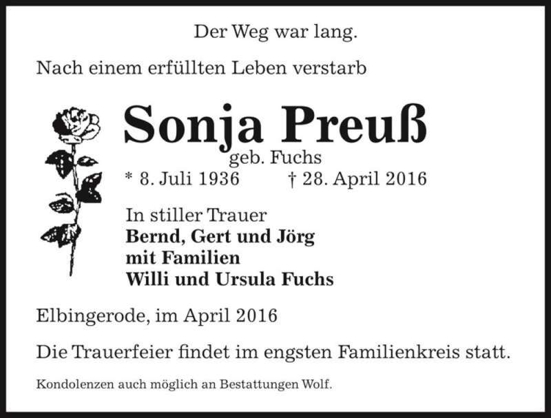  Traueranzeige für Sonja Preuß (geb. Fuchs)  vom 02.05.2016 aus Magdeburger Volksstimme