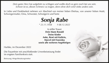 Traueranzeige von Sonja Rabe  von Magdeburger Volksstimme
