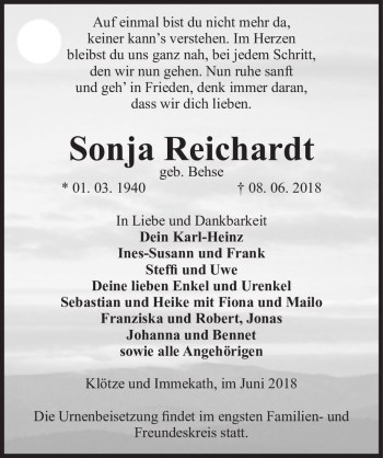 Traueranzeige von Sonja Reichardt (geb. Behse)  von Magdeburger Volksstimme