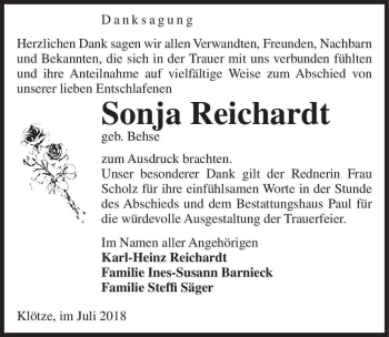 Traueranzeige von Sonja Reichardt (geb. Behse)  von Magdeburger Volksstimme