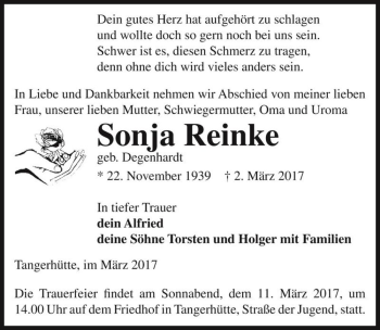 Traueranzeige von Sonja Reinke (geb. Degenhardt)  von Magdeburger Volksstimme