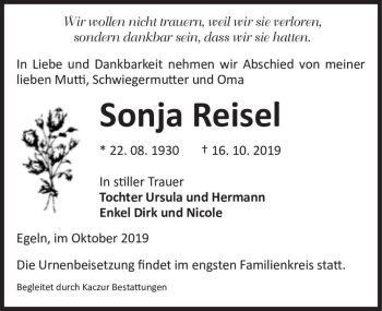 Traueranzeige von Sonja Reisel  von Magdeburger Volksstimme