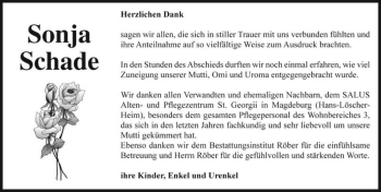 Traueranzeige von Sonja Schade  von Magdeburger Volksstimme