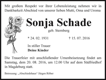 Traueranzeige von Sonja Schade (geb. Sternberg)  von Magdeburger Volksstimme
