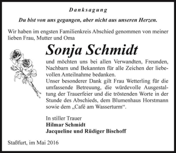 Traueranzeige von Sonja Schmidt  von Magdeburger Volksstimme