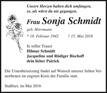 Traueranzeige von Sonja Schmidt (geb. Hörrmann)  von Magdeburger Volksstimme