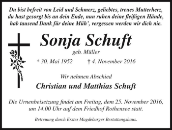 Traueranzeige von Sonja Schuft (geb. Müller)  von Magdeburger Volksstimme