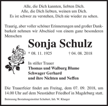 Traueranzeige von Sonja Schulz  von Magdeburger Volksstimme