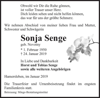 Traueranzeige von Sonja Senge (geb. Novotny)  von Magdeburger Volksstimme