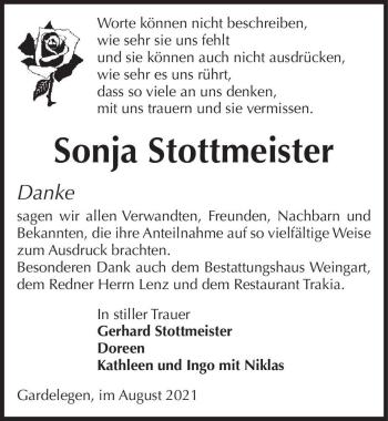 Traueranzeige von Sonja Stottmeister  von Magdeburger Volksstimme