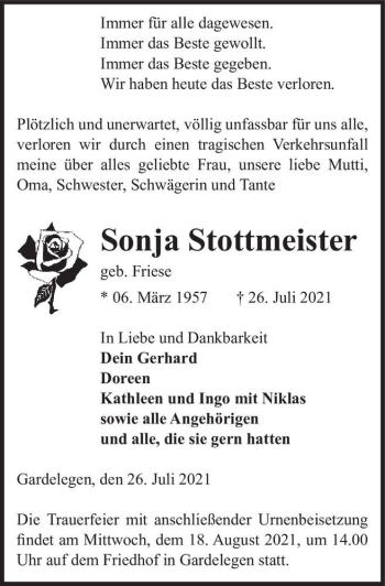 Traueranzeige von Sonja Stottmeister (geb. Friese)  von Magdeburger Volksstimme