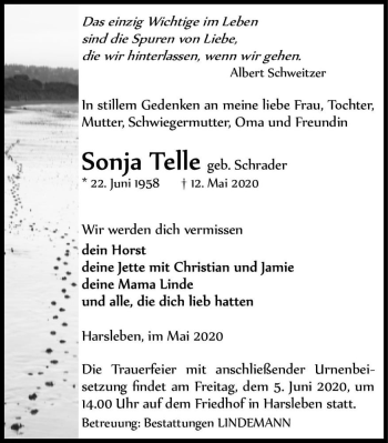 Traueranzeige von Sonja Telle (geb. Schrader)  von Magdeburger Volksstimme