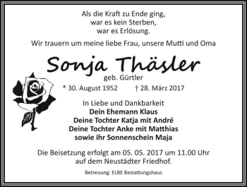 Traueranzeige von Sonja Thäsler (geb. Gürtler)  von Magdeburger Volksstimme