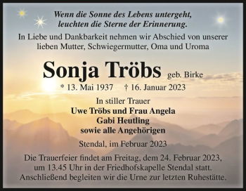Traueranzeige von Sonja Tröbs (geb. Birke)  von Magdeburger Volksstimme