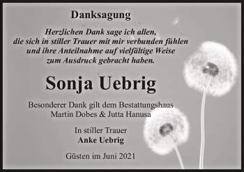 Traueranzeige von Sonja Uebrig  von Magdeburger Volksstimme