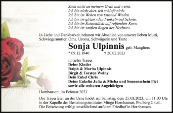 Traueranzeige von Sonja Ulpinnis (geb. Mangliers)  von Magdeburger Volksstimme